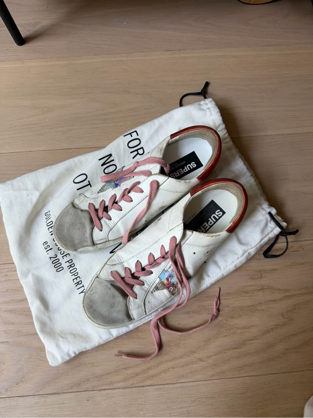 Golden Goose White Leather Sneakers with Pink Laces and Red Heel